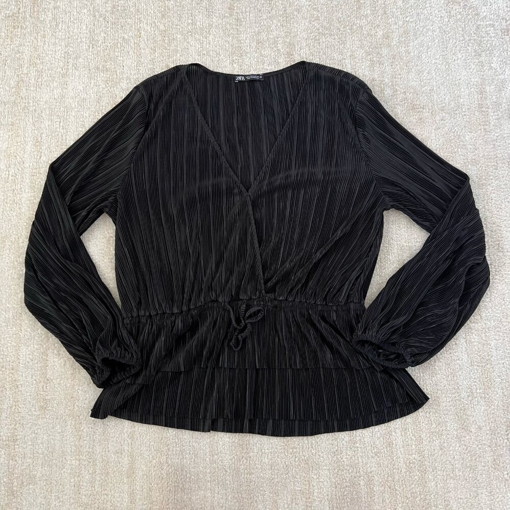 Zara Pleated Ruffle Faux Wrap Long Sleeve Blouse Top L Black